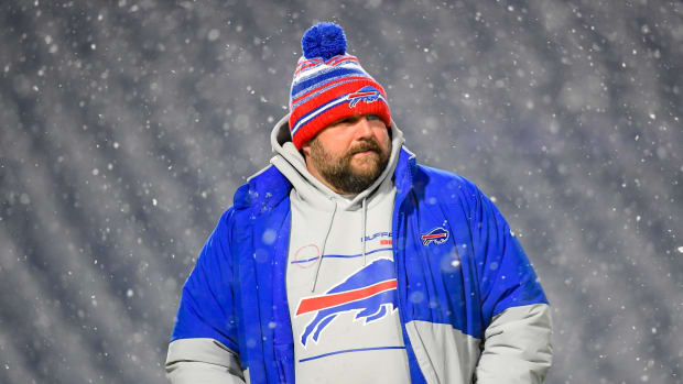 Dec 6, 2021; Orchard Park, New York, USA; Buffalo Bills offensive coordinator Brian Daboll looks on prior to the game against the New England Patriots at Highmark Stadium. Mandatory Credit: Rich Barnes-USA TODAY Sports