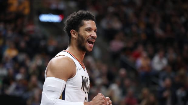Nov 27, 2021; Salt Lake City, Utah, USA; New Orleans Pelicans guard Josh Hart (3) reacts after a call in the first quarter against the Utah Jazz at Vivint Arena. Mandatory Credit: Rob Gray-USA TODAY Sports
