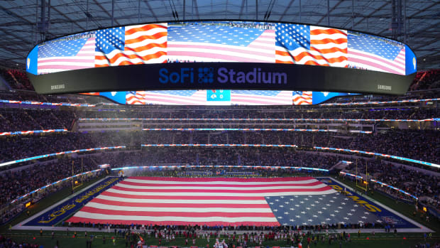 Jan 17, 2022; Inglewood, California, USA; A general overall view of SoFi Stadium during the playing of the national anthem with a United States flag on the field during a NFC Wild Card playoff football game against the Arizona Cardinals. Mandatory Credit: Kirby Lee-USA TODAY Sports
