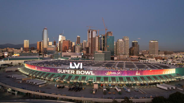 Feb 9, 2022; Los Angeles, CA, USA; A general overall aerial view of the Super Bowl LVI Experience at the Los Angeles Convention Center and downtown skyline. Mandatory Credit: Kirby Lee-USA TODAY Sports