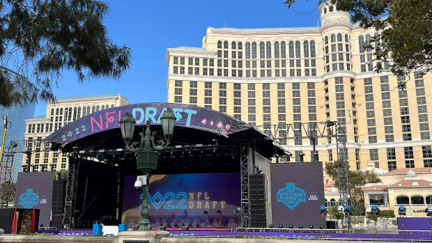 Apr 28, 2022; Las Vegas, NV, USA; Red Carpet stage set up on the Bellagio fountains in anticipation of the 2022 NFL Draft. Mandatory Credit: Gary A. Vasquez-USA TODAY Sports
