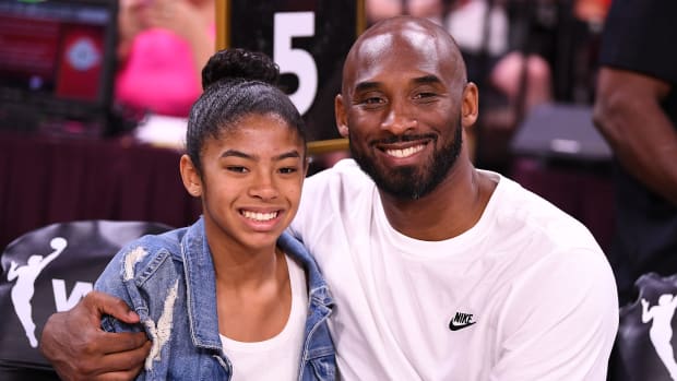 Jul 27, 2019; Las Vegas, NV, USA; Kobe Bryant is pictured with his daughter Gianna at the WNBA All Star Game at Mandalay Bay Events Center. Mandatory Credit: Stephen R. Sylvanie-USA TODAY Sports
