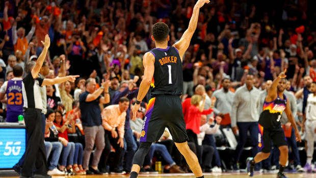 Apr 19, 2022; Phoenix, Arizona, USA; Phoenix Suns guard Devin Booker (1) reacts after a play during the second quarter against the New Orleans Pelicans during game two of the first round for the 2022 NBA playoffs at Footprint Center. Mandatory Credit: Mark J. Rebilas-USA TODAY Sports