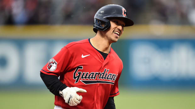 May 5, 2022; Cleveland, Ohio, USA; Cleveland Guardians right fielder Steven Kwan (38) rounds the bases after hitting a home run during the third inning against the Toronto Blue Jays at Progressive Field. Mandatory Credit: Ken Blaze-USA TODAY Sports