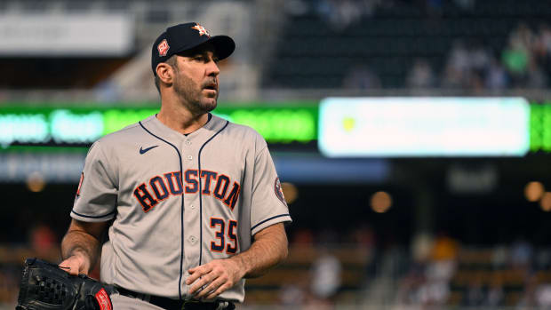 May 10, 2022; Minneapolis, Minnesota, USA; Houston Astros starting pitcher Justin Verlander (35) walk to his dugout at the end of the fifth inning against the Minnesota Twins at Target Field. Mandatory Credit: Nick Wosika-USA TODAY Sports