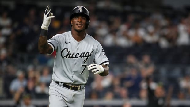 May 22, 2022; Bronx, New York, USA; Chicago White Sox shortstop Tim Anderson (7) gestures to the fans after hitting a three run home run in the eighth inning against the New York Yankees at Yankee Stadium. Mandatory Credit: Wendell Cruz-USA TODAY Sports