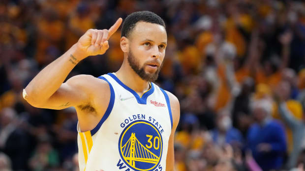 Jun 13, 2022; San Francisco, California, USA; Golden State Warriors guard Stephen Curry (30) gestures after defeating the Boston Celtics in game five of the 2022 NBA Finals at Chase Center. Mandatory Credit: Kyle Terada-USA TODAY Sports
