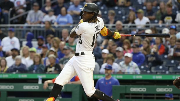 the Jun 20, 2022; Pittsburgh, Pennsylvania, USA; Pittsburgh Pirates shortstop Oneil Cruz (15) hits a three run double against the Chicago Cubs during the third inning inning at PNC Park. Mandatory Credit: Charles LeClaire-USA TODAY Sports