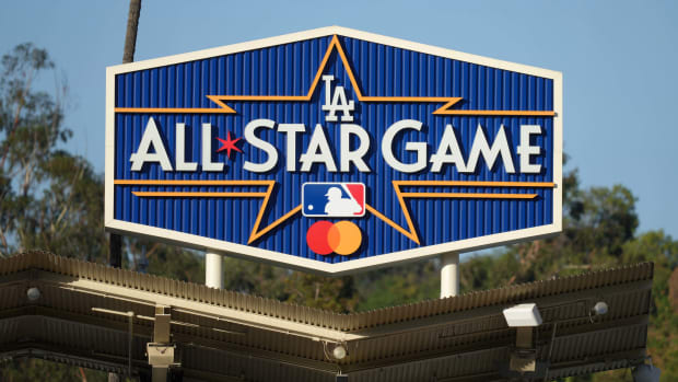 Jun 1, 2022; Los Angeles, California, USA; The 2022 MLB All-Star Game logo at Dodger Stadium. Mandatory Credit: Kirby Lee-USA TODAY Sports