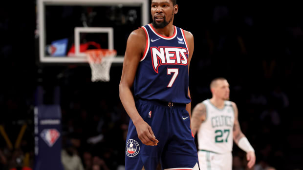 Apr 25, 2022; Brooklyn, New York, USA; Brooklyn Nets forward Kevin Durant (7) reacts during the fourth quarter of game four of the first round of the 2022 NBA playoffs against the Boston Celtics at Barclays Center. The Celtics defeated the Nets 116-112 to win the best of seven series 4-0. Mandatory Credit: Brad Penner-USA TODAY Sports