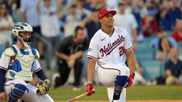 Jul 18, 2022; Los Angeles, CA, USA; Washington Nationals right fielder Juan Soto (22) watches a hit in the final round during the 2022 Home Run Derby at Dodgers Stadium. Mandatory Credit: Jayne Kamin-Oncea-USA TODAY Sports