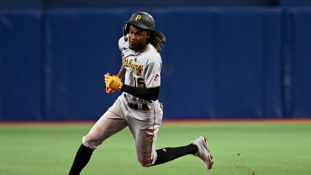 Jun 24, 2022; St. Petersburg, Florida, USA; Pittsburg Pirates shortstop Oneil Cruz (15) heads for third base in the fourth inning against the Tampa Bay Rays at Tropicana Field. Mandatory Credit: Jonathan Dyer-USA TODAY Sports