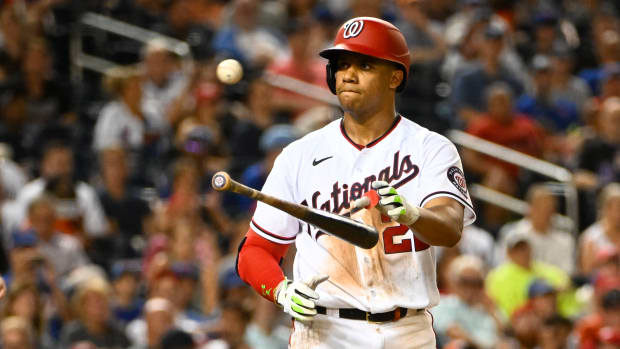 Aug 1, 2022; Washington, District of Columbia, USA; Washington Nationals right fielder Juan Soto (22) reacts after drawing a walk during the fifth inning against the New York Mets at Nationals Park. Mandatory Credit: Brad Mills-USA TODAY Sports