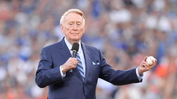 Oct 25, 2017; Los Angeles, CA, USA; Los Angeles Dodgers former broadcaster Vin Scully before game two of the 2017 World Series against the Houston Astros at Dodger Stadium. Mandatory Credit: Gary A. Vasquez-USA TODAY Sports