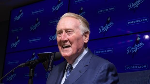 May 3, 2017; Los Angeles, CA, USA; Los Angeles Dodgers retired broadcaster Vin Scully addresses the media at a press conference discuss his induction into the Dodgers Ring of Honor prior to a MLB game against the San Francisco Giants at Dodger Stadium. Mandatory Credit: Kirby Lee-USA TODAY Sports