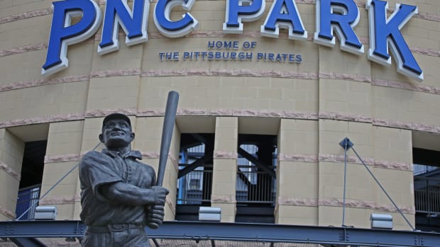 May 10, 2021; Pittsburgh, Pennsylvania, USA; View of the Honus Wagner statue and the marquee at the main entrance of PNC Park before the Pittsburgh Pirates hosting the Cincinnati Reds. Mandatory Credit: Charles LeClaire-USA TODAY Sports
