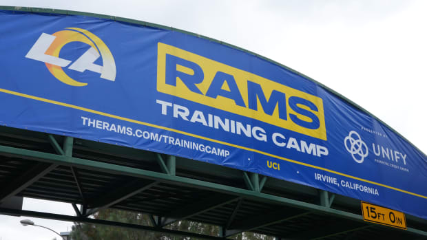 Jul 31, 2022; Irvine, CA, USA; Los Angeles Rams training camp signage at UC Irvine. Mandatory Credit: Kirby Lee-USA TODAY Sports
