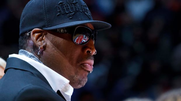 Apr 01, 2011; Auburn Hills, MI, USA; Dennis Rodman before his jersey is retired at half time of an NBA game between the Detroit Pistons and the Chicago Bulls at The Palace. Mandatory Credit: Rick Osentoski-USA TODAY Sports