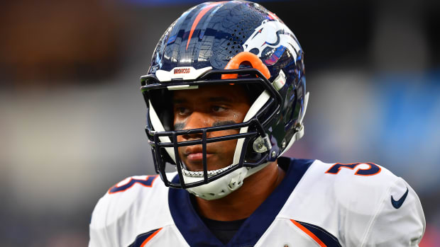 Oct 17, 2022; Inglewood, California, USA; Denver Broncos quarterback Russell Wilson (3) before playing against the Los Angeles Chargers at SoFi Stadium. Mandatory Credit: Gary A. Vasquez-USA TODAY Sports