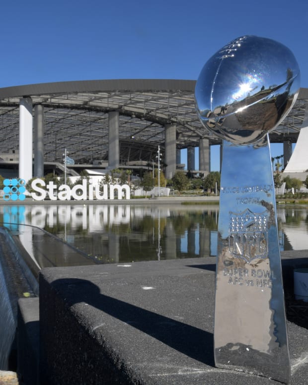Dec 20, 2020; Inglewood, California, USA; A general view of the Vince Lombardi trophy at SoFi Stadium and Lake Park. The facility will host Super Bowl XLVI in 2022. Mandatory Credit: Kirby Lee-USA TODAY Sports