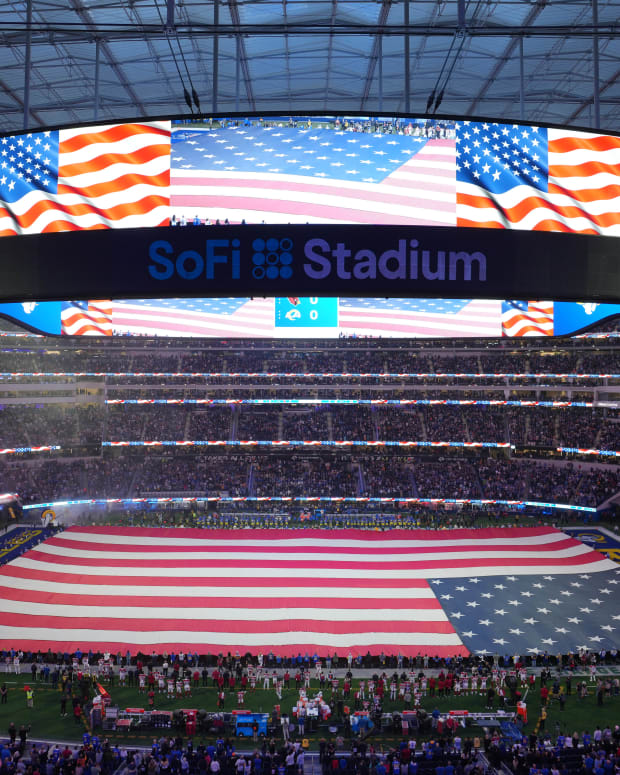 Jan 17, 2022; Inglewood, California, USA; A general overall view of SoFi Stadium during the playing of the national anthem with a United States flag on the field during a NFC Wild Card playoff football game against the Arizona Cardinals. Mandatory Credit: Kirby Lee-USA TODAY Sports