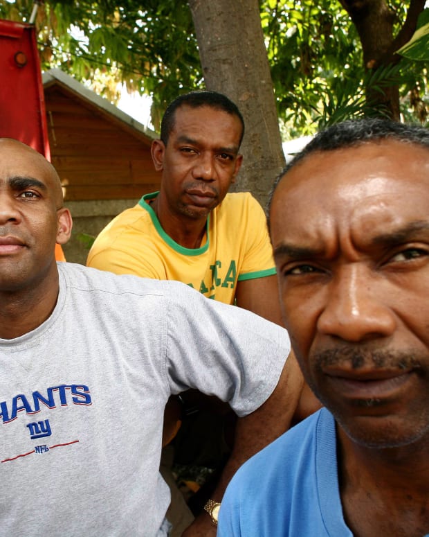 Sep 09, 2007; Kingston, Jamaica: A feature photo of the some of the original 1988 Jamaican Bobsled team. From left Devon Harris, Michael White, Chris Stokes, Dudley Stokes. Mandatory Credit: Troude/Presse via USA TODAY Sports