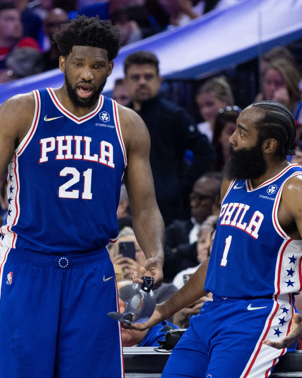May 12, 2022; Philadelphia, Pennsylvania, USA; Philadelphia 76ers center Joel Embiid (21) and guard James Harden (1) talk during the fourth quarter against the Miami Heat in game six of the second round of the 2022 NBA playoffs at Wells Fargo Center. Mandatory Credit: Bill Streicher-USA TODAY Sports