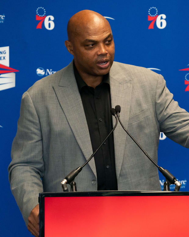 Sep 13, 2019; Philadelphia, PA, USA; Philadelphia 76ers great Charles Barkley speaks at the podium during the unveiling of a statue honoring him in a ceremony at the Philadelphia 76ers Training Complex. Mandatory Credit: Bill Streicher-USA TODAY Sports