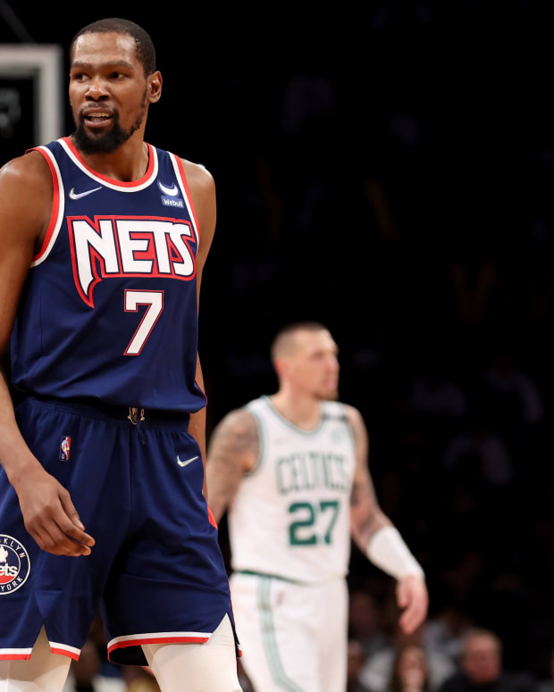 Apr 25, 2022; Brooklyn, New York, USA; Brooklyn Nets forward Kevin Durant (7) reacts during the fourth quarter of game four of the first round of the 2022 NBA playoffs against the Boston Celtics at Barclays Center. The Celtics defeated the Nets 116-112 to win the best of seven series 4-0. Mandatory Credit: Brad Penner-USA TODAY Sports