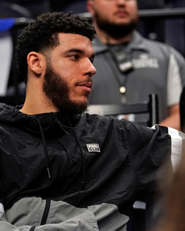 Apr 10, 2022; Minneapolis, Minnesota, USA; Chicago Bulls guard Lonzo Ball (2) looks on against the Minnesota Timberwolves during the fourth quarter at Target Center. Mandatory Credit: Nick Wosika-USA TODAY Sports