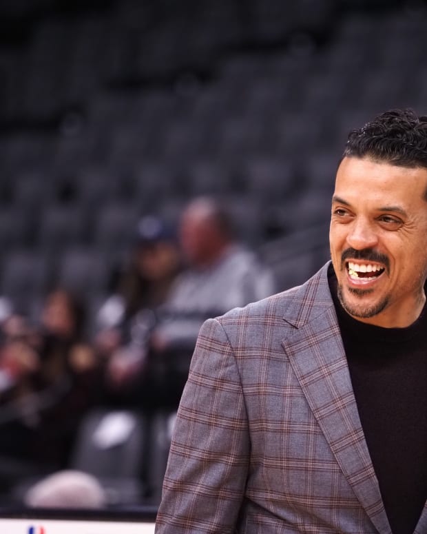 Mar 7, 2022; Sacramento, California, USA; Former NBA player Matt Barnes smiles on the court before the game between the Sacramento Kings and New York Knicks at Golden 1 Center. Mandatory Credit: Kelley L Cox-USA TODAY Sports