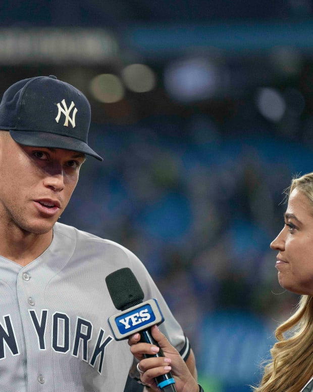Sep 28, 2022; Toronto, Ontario, CAN; New York Yankees designated hitter Aaron Judge (99) is interviewed by the media at the end of the game against the Toronto Blue Jays at Rogers Centre. Mandatory Credit: Nick Turchiaro-USA TODAY Sports