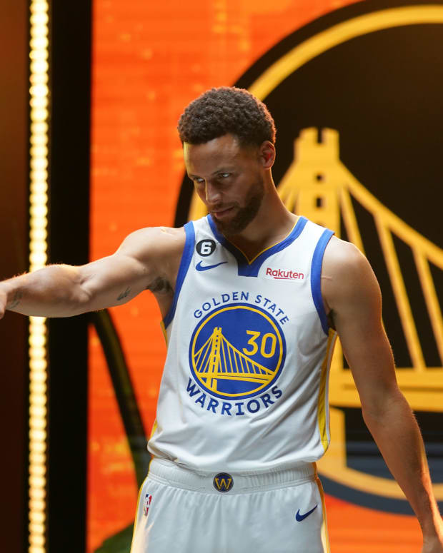 Sep 25, 2022; San Francisco, CA, USA; Golden State Warriors guard Stephen Curry (30) during Media Day at the Chase Center. Mandatory Credit: Cary Edmondson-USA TODAY Sports
