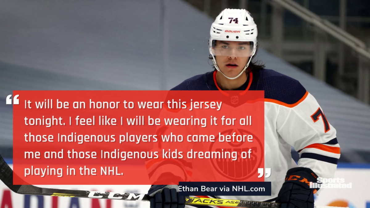 NHL Edmonton Oilers 74 Ethan Bear Cree syllabics Orange Honors Indigenous  Heritage Jersey